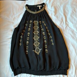 Joie Dressy Black Halter Blouse with Matte Gold Bead Embellishment